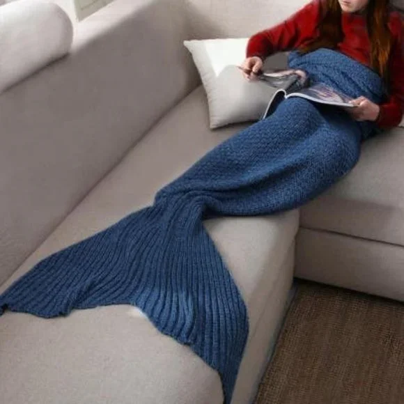Mermaid Tail Blanket Blue Knit With Multicolors 79" - Picture 5 of 5